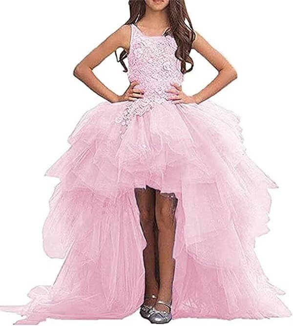 High Low Flower Girl Dresses for Wedding Tulle Princess Pageant Dress Appliques Ruffles Party First Communion Dress