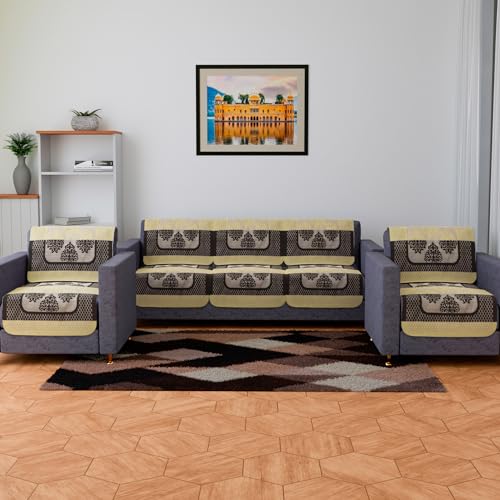 Image of Kuber Industries Sofa Cover | Net Sofa Slipcover Set | Sofa Cover for Living Room | Sofa Cover for Hall | 5-Seater Sofa Cover for Home Decor | Brown Star Patta Sofa Cover Set | Orange