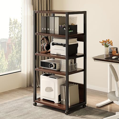 Étagère multimédia à roulettes à 5 niveaux avec roulettes pour maison, bureau, salle de réunion et d'enregistrement – Marron 51 x 40 x 136 cm –...