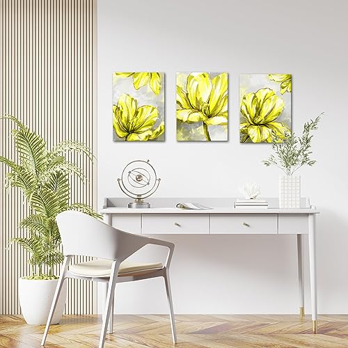 Lienzo tríptico de flores modernas gris y amarillo para decoración 3