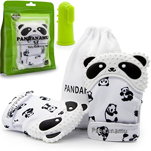 Image of Baby Teething Mitten Panda Teether Mitten with Baby Toothbrush & Massager Teething Glove Mitt Infant Toy(2 Mittens with Toothbrush)