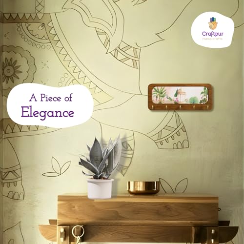 Image of Stylish Wooden Key Holder for Wall | Cute Key Holder for Home Decor | Key Holder Stand with 5 Hooks | Wall Mounted Key Hanger| (Peacock Garden Keyholder)