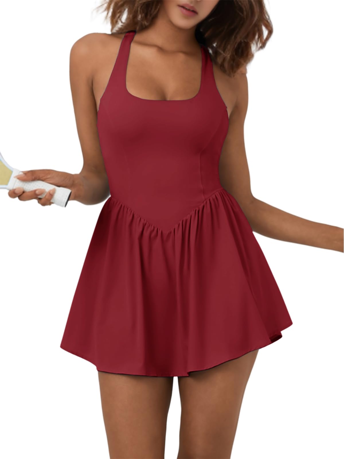Sexyasasii Women's Summer Athletic Tennis Dress with Built in Shorts and Bra Square Neck Workout Exercise Active Golf Dresses