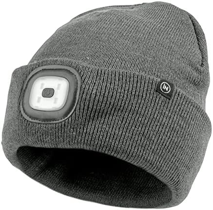 iN Thinsulate Warm Bright LED Beanie Cap Unisex Hat with Rechargeable Headlamp 4 LEDs 3 Metre Beam, Charges Via USB - Great for Cycling, Running, Camping Grey