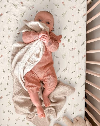 Image of Muslin Bedside Bassinet Sheets 2 Pack, 33x20 Fitted Ultra Soft & Breathable Bedside Sleeper Sheets, Ideal for Baby Girl and Boy, Perfect for Newborns (Petal Leaf & Pink)