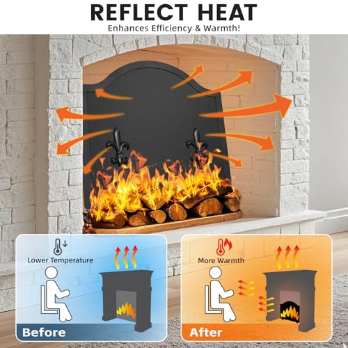 16.5\" Firebacks for Fireplace, Steel Fireplace Back Plates with Feet, Fireplace Heat Deflector for Wall Protection & Heat Reflect, Black Iris Design Modern Decorative Fire Backs