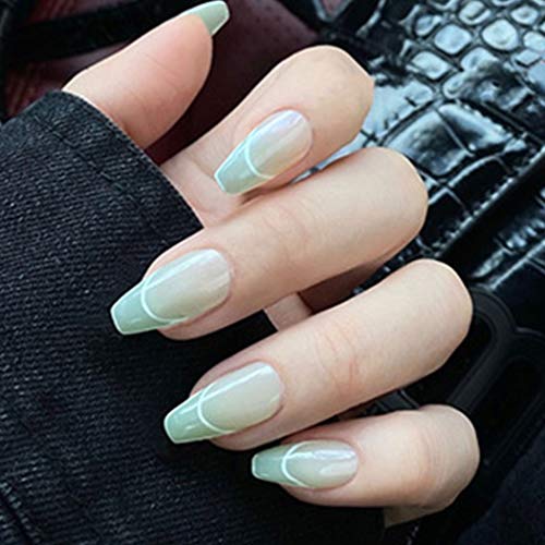 Bmadge Glossy Medium Press on Nails Green Coffin French Fake Nails Designed Party Prom Full Cover Acrylic False Nails Tips for Women and Girls 24Pcs (Green A)