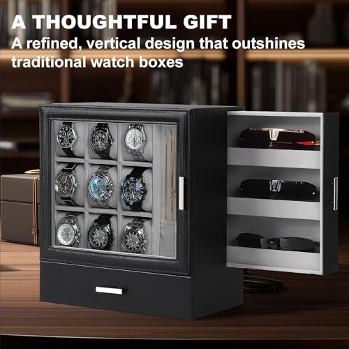 Kukikan 9-Slot Watch Display Case with Necklace Display, High End Men Jewelry Box w/Drawer, Standing Watch Box for Men w/Clear Lid, Watch Case for Sunglasses, Vertical Storage, Fathers Day Gift by Kukikan - Used condition - Image 3