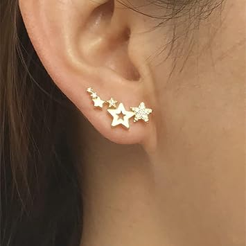 Koguxuix Ear Crawlers Crystals Gold Silver Curved Vine Bar Stars Earrings Cuff CZ Rhinestone Climber Stars Earrings Gold