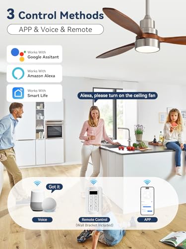 Image of Sofucor 52 Inch Solid Wood Smart Ceiling Fans with Lights and Remote, Works with App /Alexa /Google, 6-Speed Outdoor Ceiling Fan with Light, 3 Blade Ceiling Fan, Quiet DC Motor for Living Room Patio