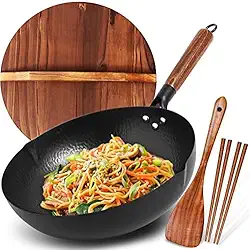 Panela Wok com tampa, woks de aço carbono e frigideira com alça de madeira, Wok chinês de fundo plano (32 cm) para todos os fogões, conjunto wok com acessórios de panelas