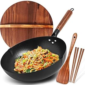 Carbon Steel Wok Pan, 5 Piece Authentic Chinese Wok & Stir-Fry Pans Set with Wooden Lid, No Chemical Coated Flat Bottom Chinese Woks Pan for All Stoves-13“