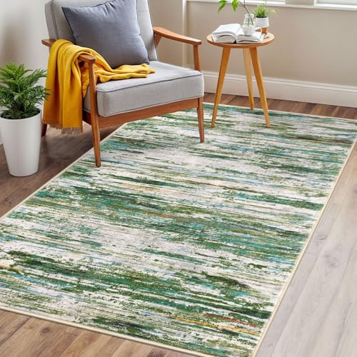 3x5 Green Grey Multi Modern Abstract Rug for Farmhouse, Super Soft Washable Rug with Non-Slip, Low-Pile Indoor Door Area Rugs for Living Room Nursery Bedroom, Carpet with Non-Shedding