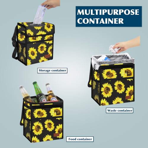 Image of Femuar Leak Proof Car Trash Can with Lid, Collapsible Hanging Waterproof Car Trash Bag with Mesh Pocket for SUV Front Seat Headrest, Sunflower