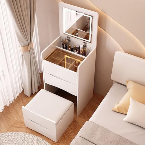 QLYFWLKQ Tavolo da toeletta con luci a LED, Set Tavolo da toeletta con 3 cassetti, Tavolo da toeletta per Trucco con Specchio a 3 Colori di Illuminazione, Comodino-scrivania Multifunzionale (A)