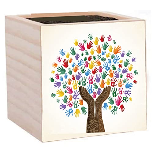 CREATCABIN - Maceta de Árbol de la Vida, Cubo de Madera, Maceta Cuadrada, Pequeña, Rústica, Decoración de Escritorio, Palma Decorativa para Jardín, Interior, Exterior, Plantas, Profesor, Oficina, Rega
