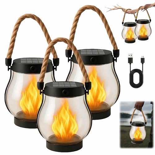 Solar Lantern Outdoor Lights Large Waterproof Flickering Flame Solar Lantern for Yard Garden Patio Hanging Tabletop Decor (3 Pcs)
