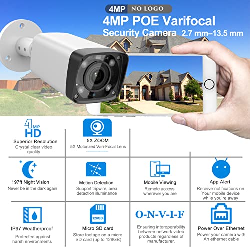 4Mp Varifocal Poe Ip Bullet Security Camera, 5X Optical Zoom Motorized 2.7~13.5Mm Vf Lens, Outdoor Surveillance Camera With 196Ft Ir Night Vision, 128Gb Sd Card Slot, Ip67 Wetherproof (Upgradable) #TOP1