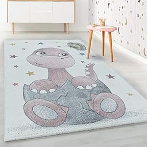 Kindertapijt Korte stapel Baby Dino Ontwerp Kinderkamer Babykamer Speelkamer 8 mm poolhoogte Zacht Rechthoekig Rond Lopers Roze, kleur:Roze, Groote:160×230 cm