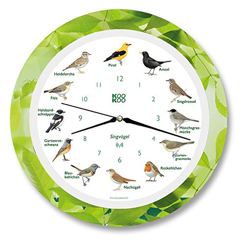 KOOKOO Singvögel RC Hoja, Reloj de Pared con 12 pájaros cantores, nativos, grabaciones Originales de la Naturaleza, Reloj con Sensor de luz