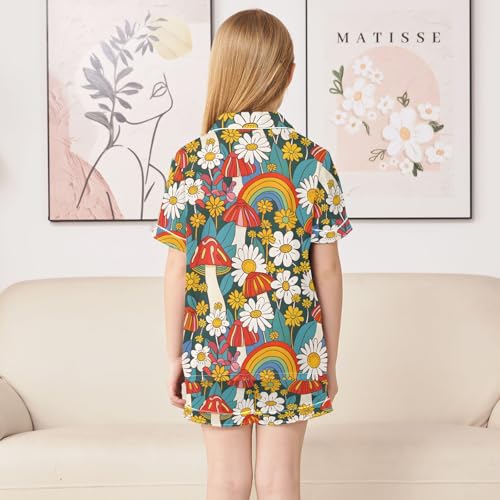 ALAZA Flower Mushroom Rainbow Satin Pajamas Set Short Sleeve Button Down Sleepwear Summer Pjs 2 Piece4