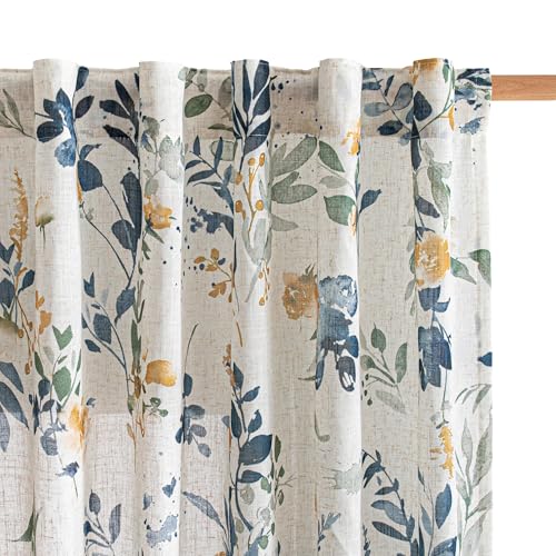 Image of MYSKY HOME Linen Floral Kitchen Curtains 45 inch Length Semi Sheer 2 Panels