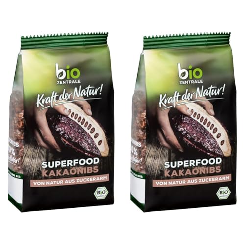 biozentrale Kakaonibs | 200 g Bio Superfood | zuckerarme, geröstete Kakaobohnenstückchen | zum Verfeinern von Müslis, Smoothies und mehr (Packung mit 2)