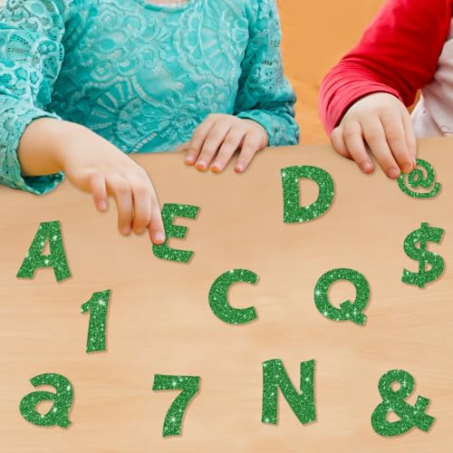 Image of Colarr 216 Pcs Glitter Bulletin Board Letters for Classroom Number Alphabet Punctuation Symbol Cutout 4'' Die-Cut Poster Letter with Adhesive Dot School Graduation Party Summer Decor Display(Green)