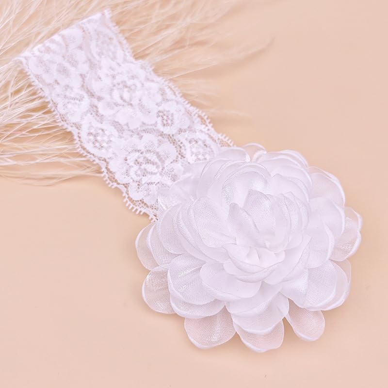 White Lace Christening Headband for Baby Girl Soft Cotton Flower Baptism Toddler Elastic Hairband Bow Newborn Infant Hair Accessories for Birthday Party (White 3, Standard size) - Image 3
