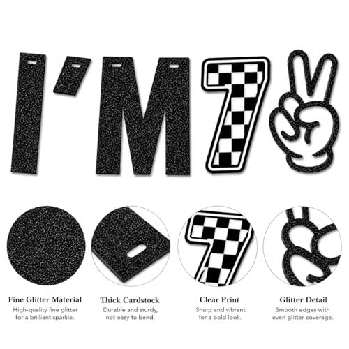 Black Glitter I Was 6 Now I'm 7 Birthday Banner, Two Fast Checkered Racing Theme 7th Birthday Party Decorations for Boys Girls, 6 to 7 Years Old Birthday Sign Garland Supplies — view 5