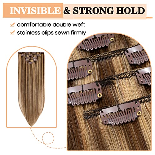 S-noilite Clip in Hair Extensions Real Human Hair,5Pcs Remy Natural Hair Extension Double Weft Seamless Clip in Hair Extensions Full Head for Women- #4P/27 Medium Brown & Dark Blonde-16 Inch(60g) - Image 4