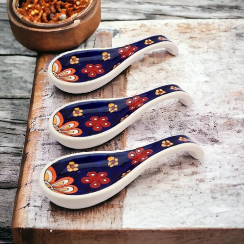 Image of Malaikah Ceramic Spoon Rest Blue Print Pack of 3 for Home, Kitchen, Dining, Kitchen Decor & Gifting