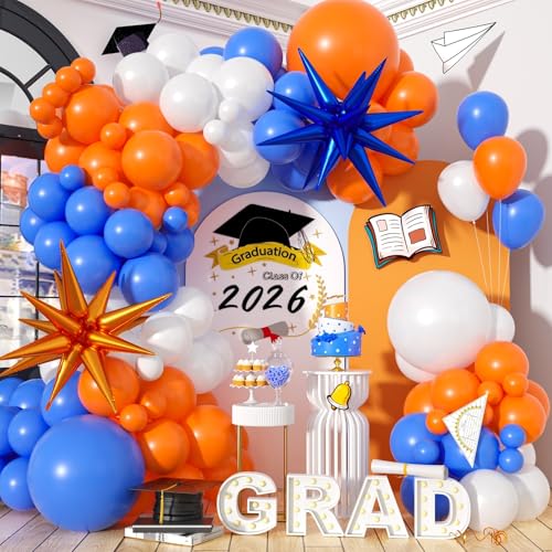 Image of Blue and Orange Balloon Arch Garland Kit, 121PCS Dark Royal Blue and Orange White Balloons with Spikes Balloon for College High School Class of 2026 Graduation Birthday Basketball Party Decorations