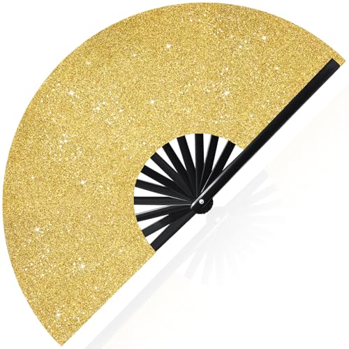 Image of Vercraft 13'' Large Rave Fan for Women Rave Accessories Festival Outfits Glitter Hand Folding Clack Fan for Line Dancing EDM Music Festival Outfits(Gold)
