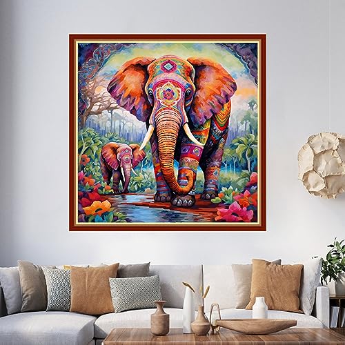 Image of Foxhool Beginners Cross Stitch Kits Stamped Full Range of Embroidery Kits for Adults DIY Cross Stitches kit Embroidery Patterns for Needlepoint kit-Colorful Elephant 17.7x17.7 inch