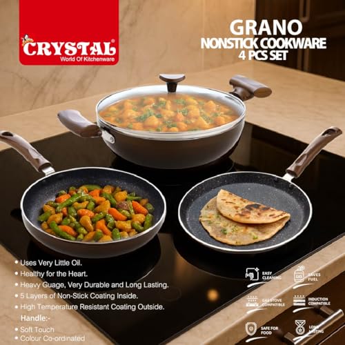 Image of Crystal Vivid Series Induction Base Non Stick Cookware Set- 4 Pcs | Tawa 250 mm + Fry Pan 240 mm + Kadai 240 mm + Glass Lid 240 mm | 3 mm Thickness | Metal Spoon Friendly
