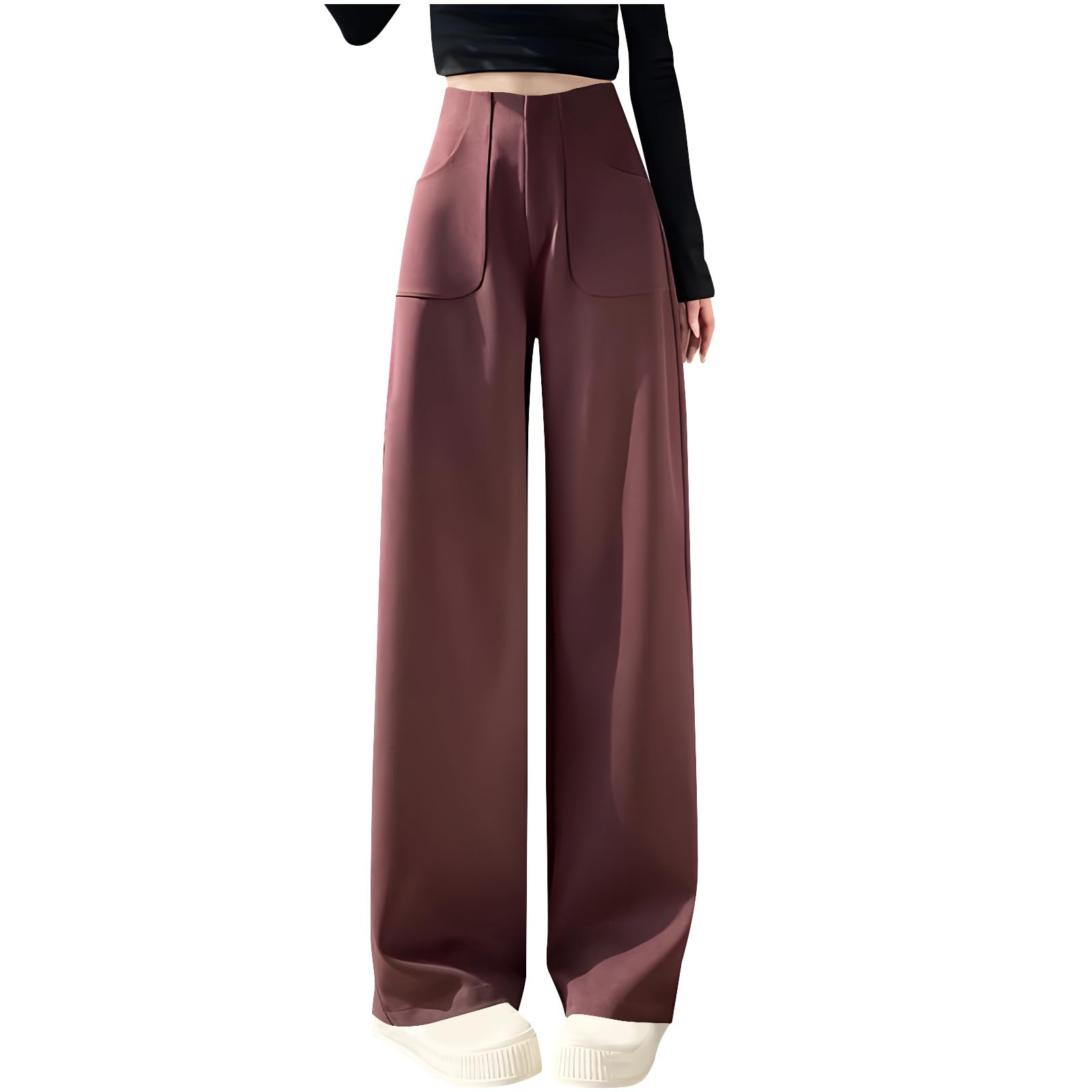 High Waist Work Pants for Women Business Summer Casual Outfits Trendy Office Wide Leg Suit Trousers with Pockets(Wine,X-Large)