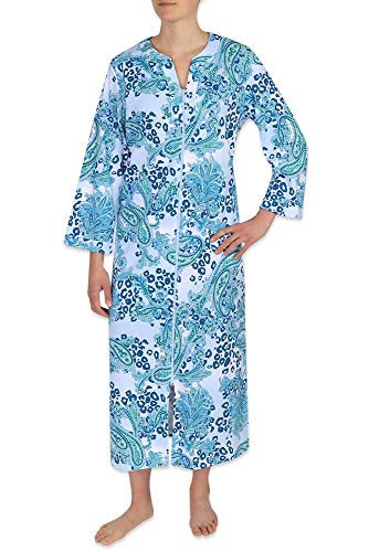 Miss Elaine Interlock Knit Robe, Long Robe with 3/4 Length Sleeves in Soft Lightweight Fabric with Full Zipper Front (Small, Blue Paisley W/Skin)