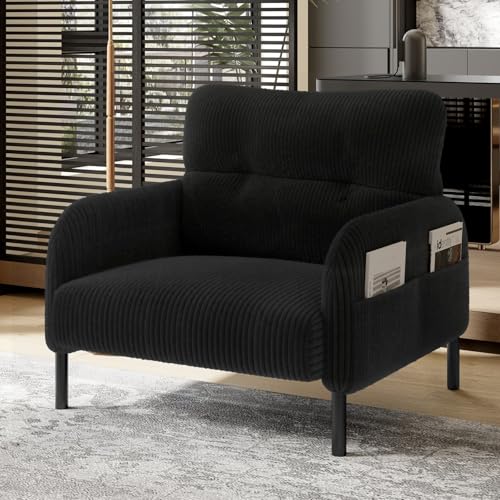 EURHCIO Petit Canapé 1 Place,Fauteuil Salon,Chaise Velours Cotele,avec Dossier Haut,Poches Latérales et Pieds Métal,pour Salon Bureau Chambre (Noir, 1 Place)