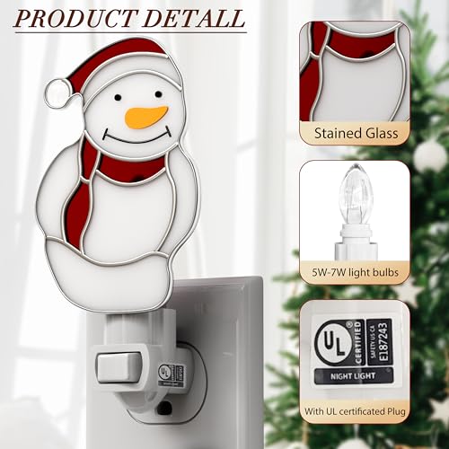 Image of Night Lights Plug into Wall Christmas Snowmen Stained Glass Plug in Night Light Dusk to Dawn 3000K Warm White Nightlight Switch On /Off for Adult Kids Room Bathroom Hallway Kitchen Non-Dim