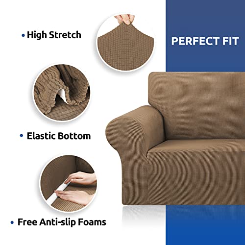 KEKUOU Stretch Single Sofa Slipcover 1 Piece Couch Sofa Cover (31"-55") Furniture Protector 1 Seater Sofa with Elastic Bottom for Kids,Pet.Jacquard Small Checked Pattern Fabric(Small,Camel)