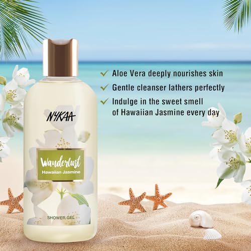 Image of Wanderlust Hawaiian Jasmine Shower Gel, 300 ml| Nourishes & Hydrates| Gentle Cleanser| Sweet Smell of Hawaiian Jasmine|Enriched With Aloe Vera| Paraben-Free, Vegan Formula| Suitable for All Skin Types