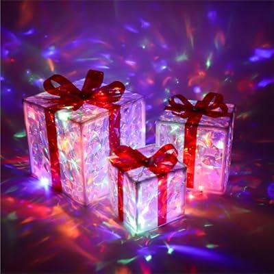 Christmas Lighted PVC Gift Boxes,Set of 3 DIY Pre-lit Lights Present Boxes with 50 LED Light Up Decorations Boxes for Indoor Porch Patio Christmas Tree Yard Holiday Party(Multicolor)