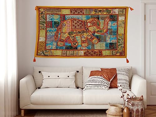 Image of Ekam Art Rajasthani Handmade Heavy Elephant Embroidery Cotton Patchwork Tapestry Cotton Wall Decor Hanging Beaded Tapestries Home Living Room Decor 40 x 60 Inch (Yellow)