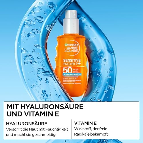 Garnier Ambre Solaire Sensitive Expert + Hydrating UV Water Sonnenschutzspray LSF 50 – Sonnen-Spray für Körper, Gesicht, Kopfhaut & Haare – Wasserfest, sandresistent & nicht fettend – 150ml 4