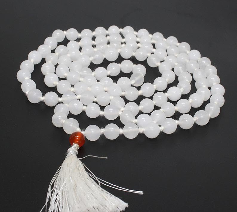 Collar Mala 108 con piedra lunar blanca AAA natural | Collar Mala con cuentas de 10 mm y oración 108 | Pulsera Mala anudada a mano | Japa Mala | Cuentas Redondas| Borla de meditación
