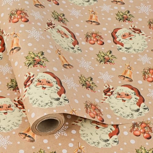 Dlyrroba Reversible Newspaper Christmas Wrapping Paper Jumbo Roll - Vintage Holiday Gift Wrap with Metallic Foil Shine Gold Xmas Design for Women Men Kids Holiday Winter Celebration (Kraft - Santa Claus 17 Inches X 16.5 Feet)