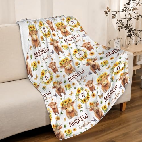 Image of Cow Throw Blankets with Name, Cute Cow Gifts for Boys Girls,Lightweight Flannel Highland Cow Pattern Quilt for Sofa,Chair, Bed, 60 inchx80 inch for Adults
