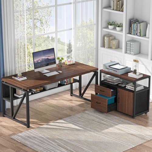 Image of Tribesigns 63 inch Executive Deskwith Drawer Cabinet, L Shaped Desk and lateral File Cabinet, 2 Piece Home Office Furniture Set with Drawers for Hanging, Doors with Locks