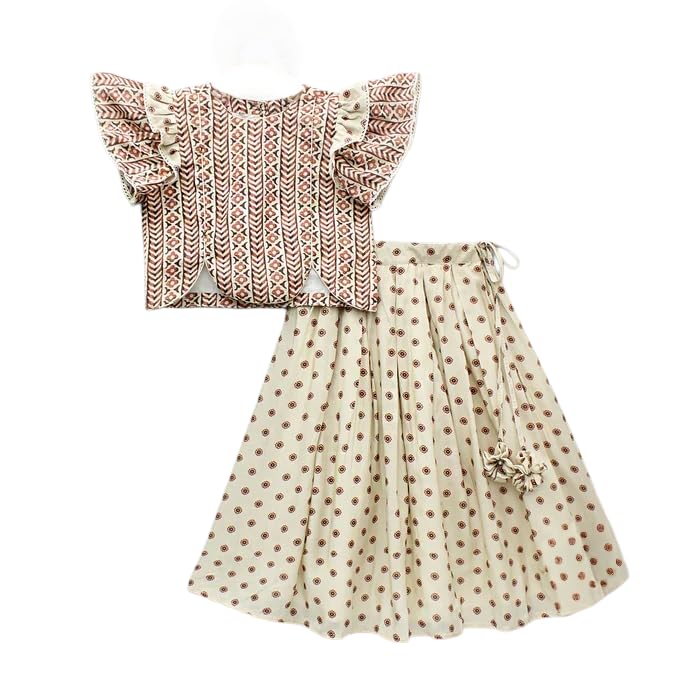 Image of Gorlya Girls Cream & Maroon Printed Lehenga Choli Set | Ruffle Sleeve Blouse with Flared Skirt & Latkan | Ethnic Indian Outfit for Weddings, Parties & Festivals